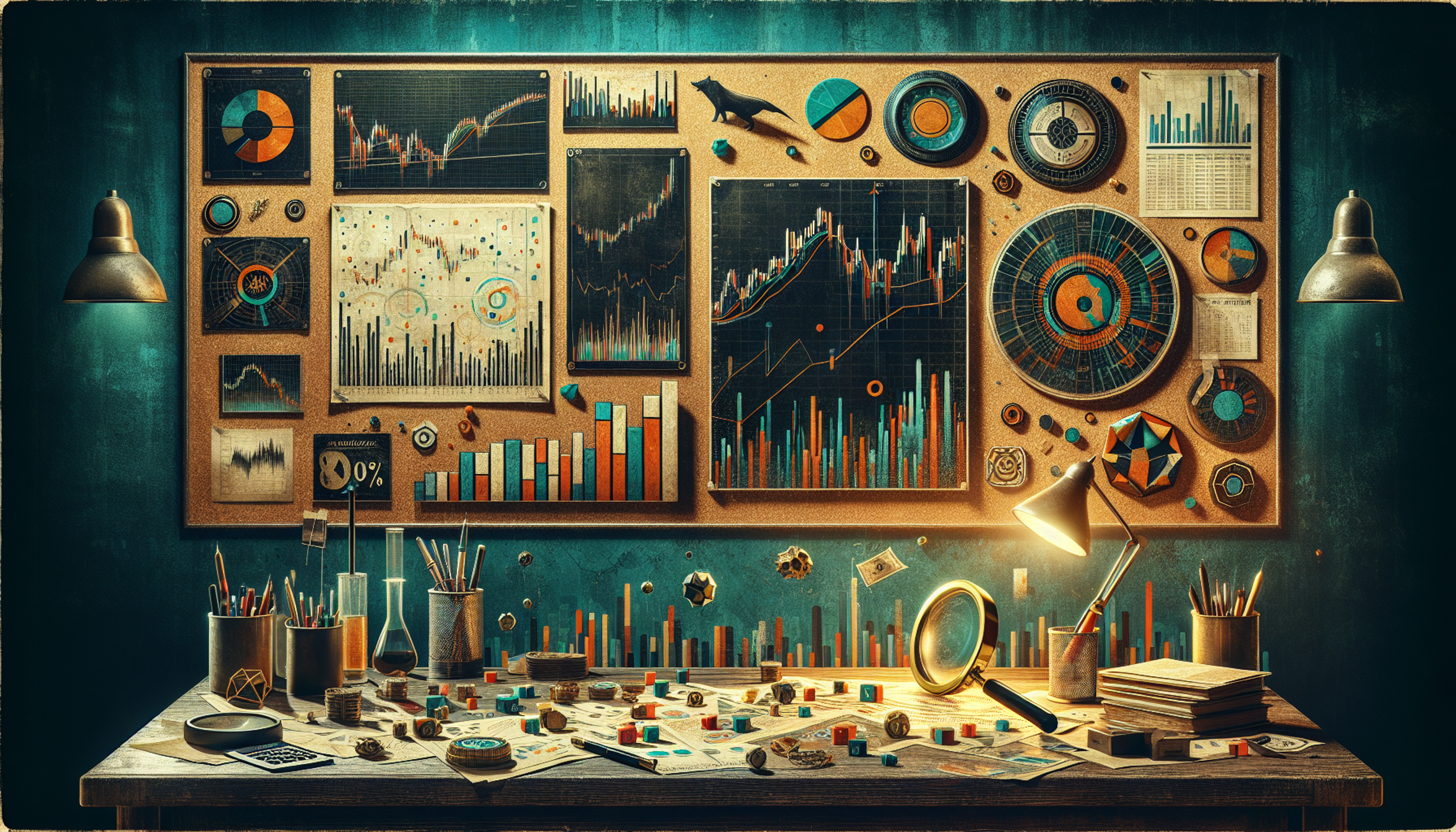 A cluttered workspace with charts, graphs, and