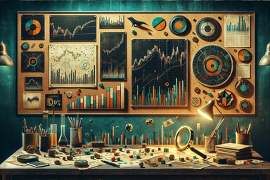 A cluttered workspace with charts, graphs, and