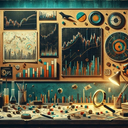 A cluttered workspace with charts, graphs, and