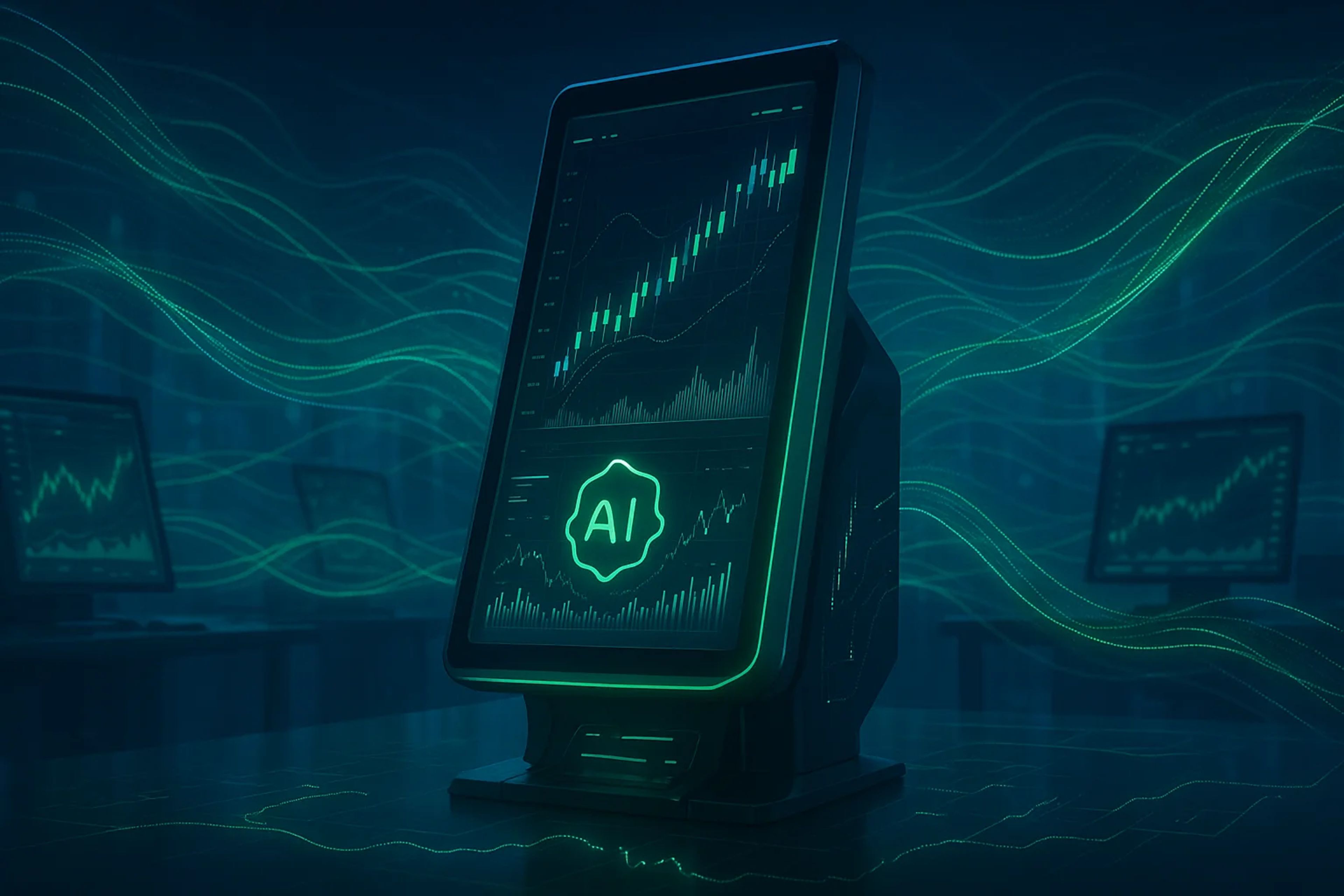 A sleek computer monitor displaying green