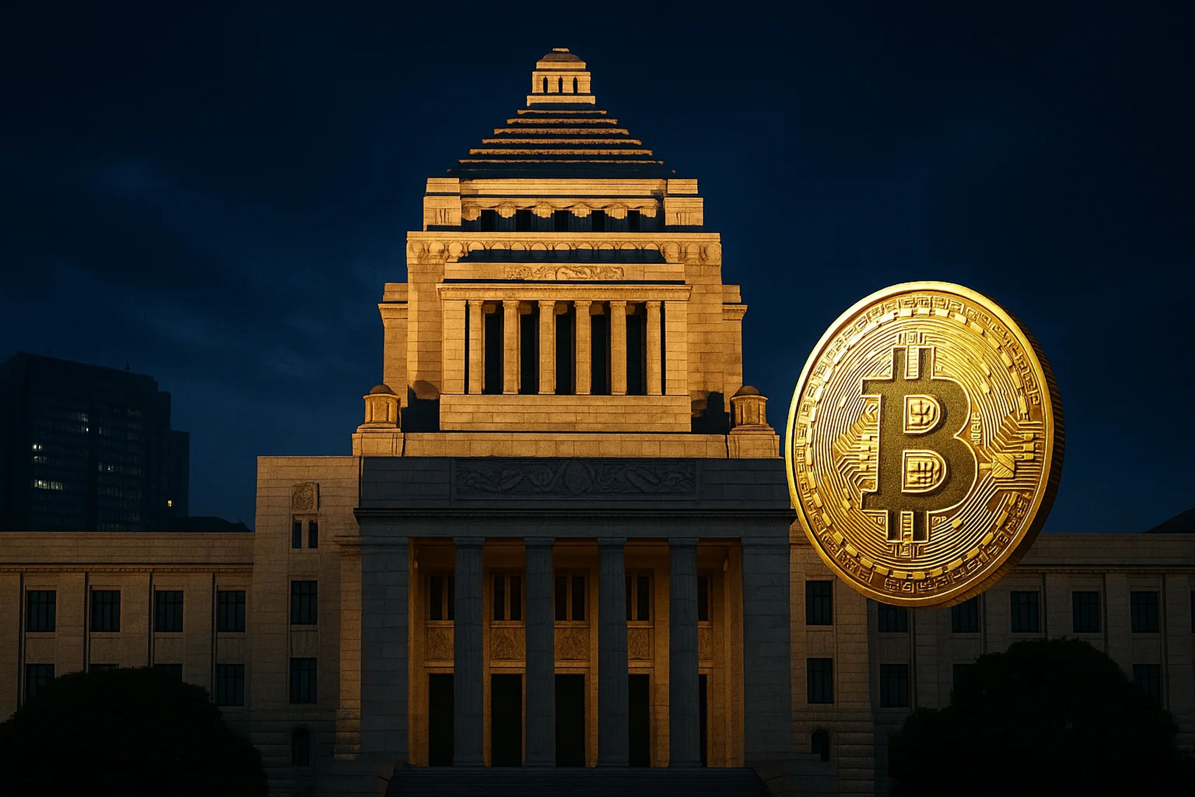 A large golden Bitcoin symbol in front of a