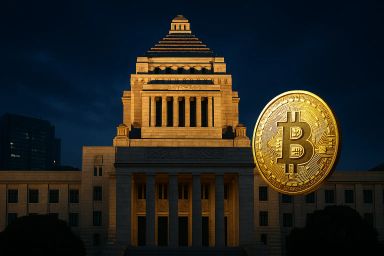 A large golden Bitcoin symbol in front of a