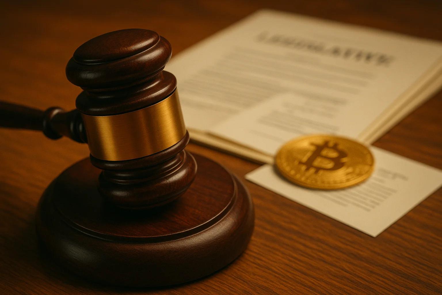 Wooden gavel on a table with documents and a