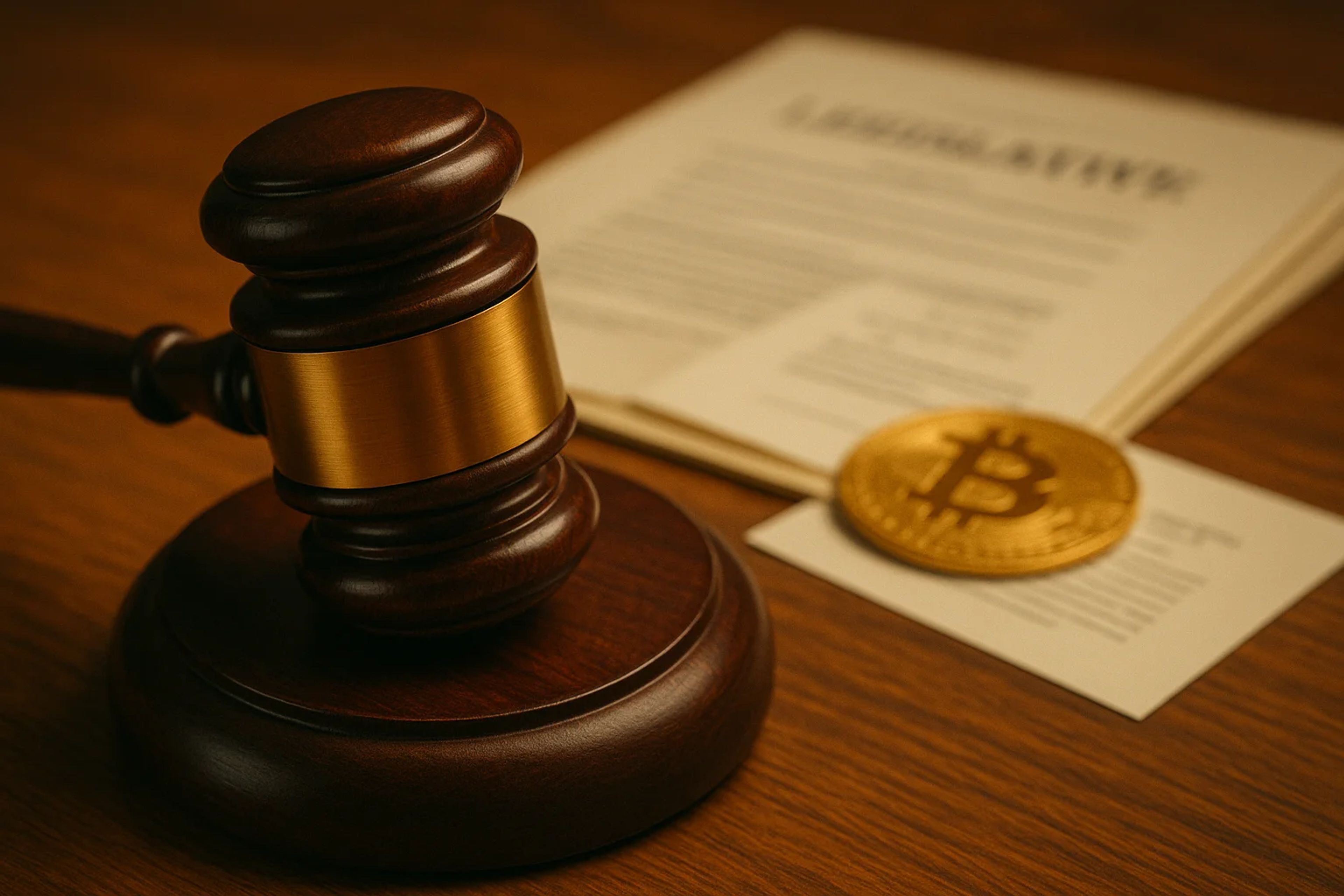 Wooden gavel on a table with documents and a