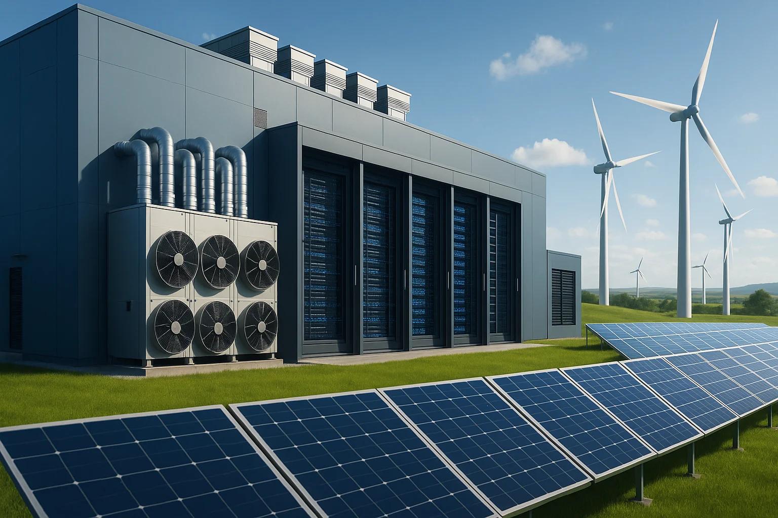 Modern energy facility with solar panels and wind