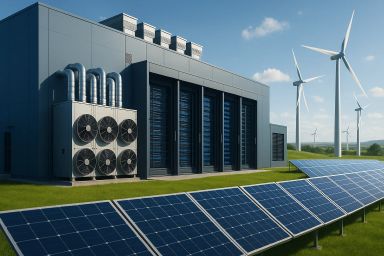 Modern energy facility with solar panels and wind