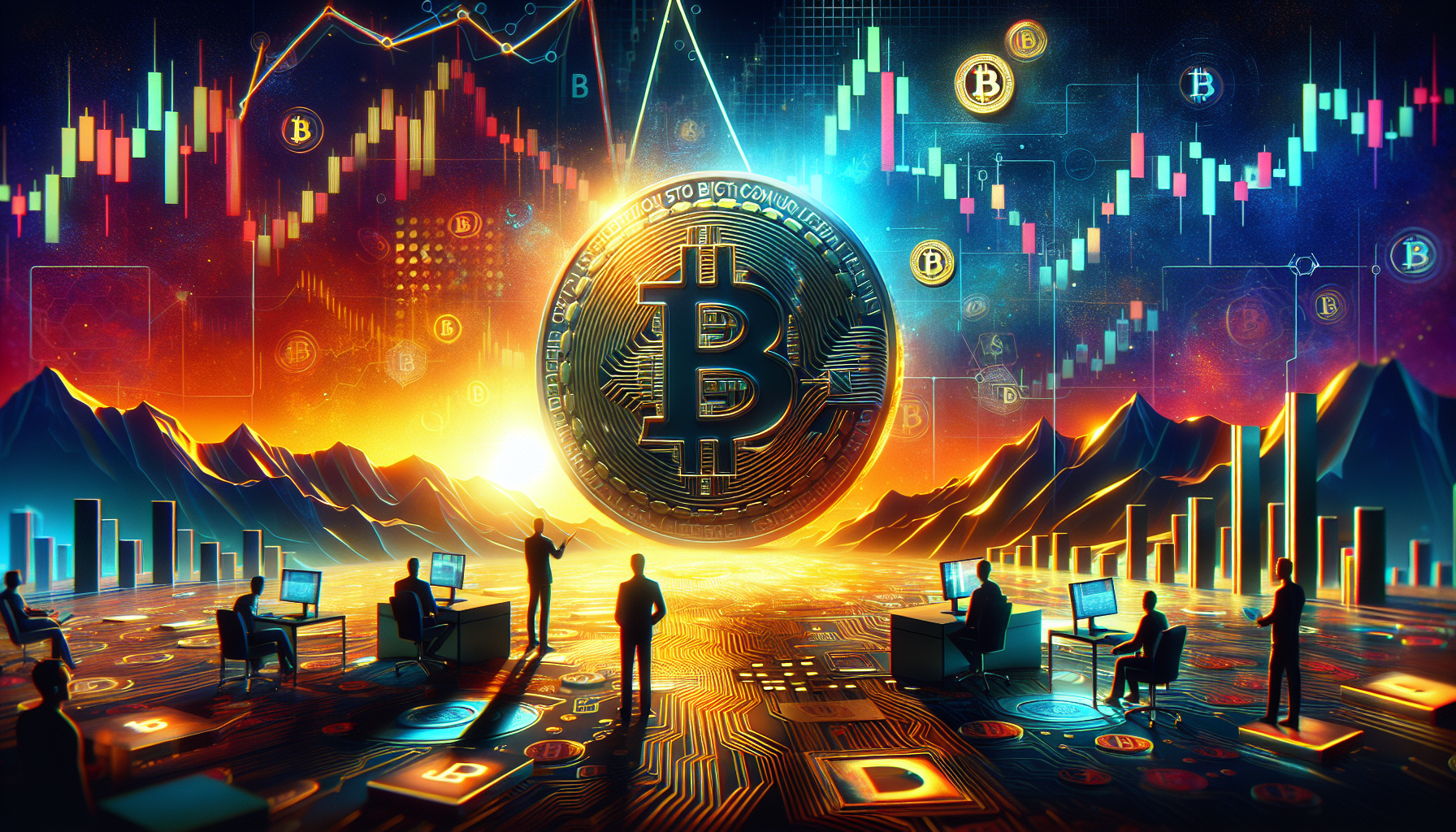 Silhouettes of people at desks with computers, a