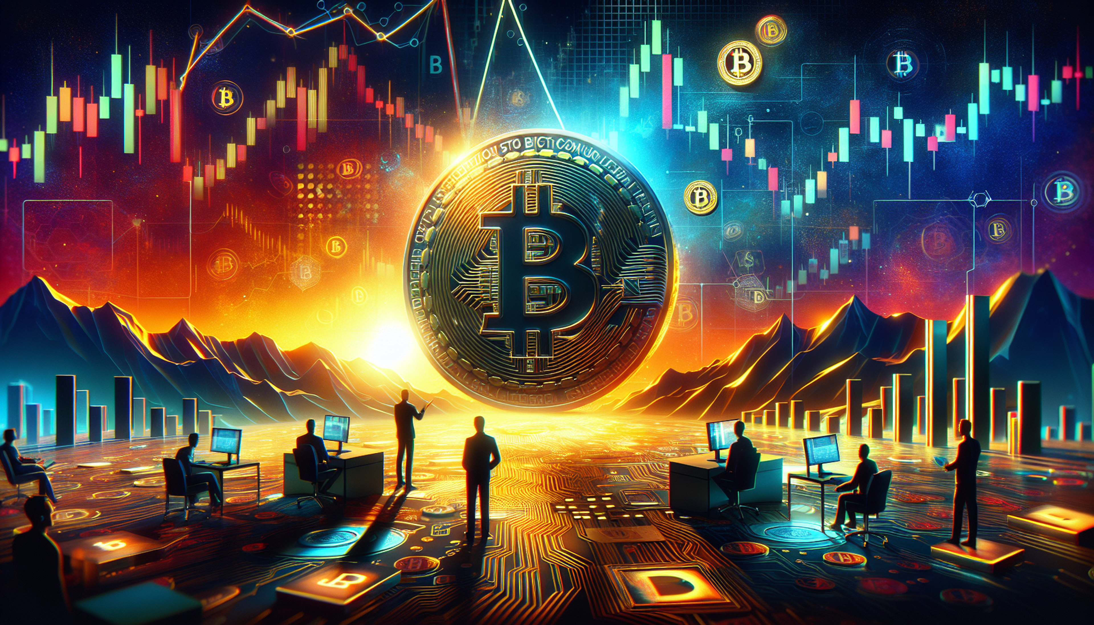 Silhouettes of people at desks with computers, a