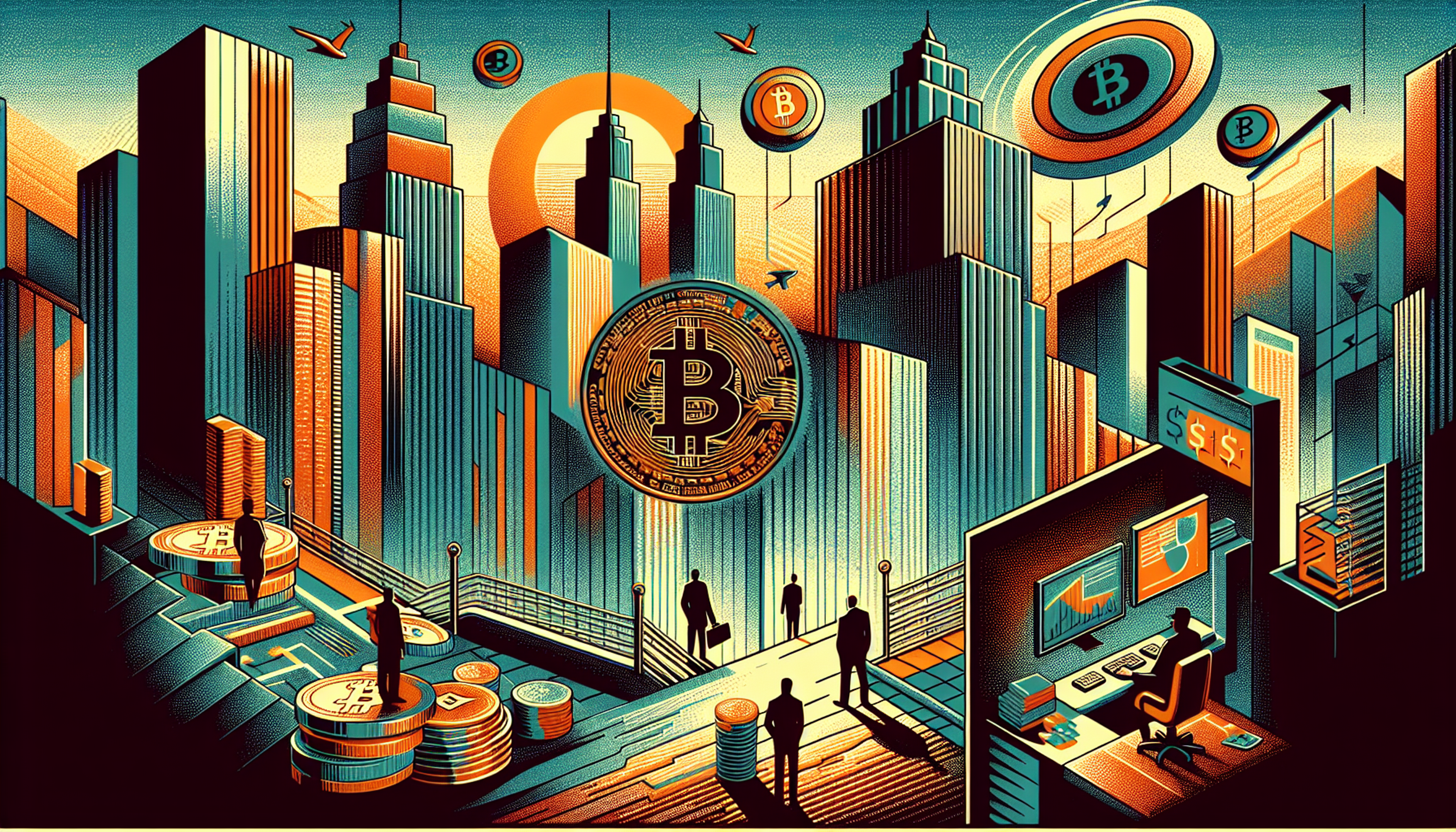 Stylized cityscape with skyscrapers and Bitcoin