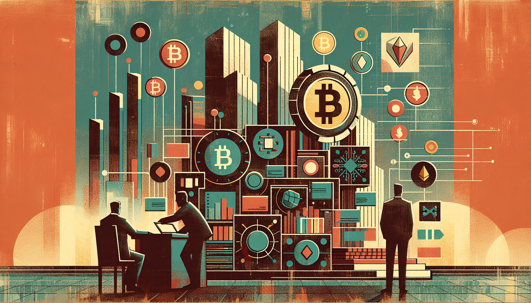 Stylized digital scene with cryptocurrency