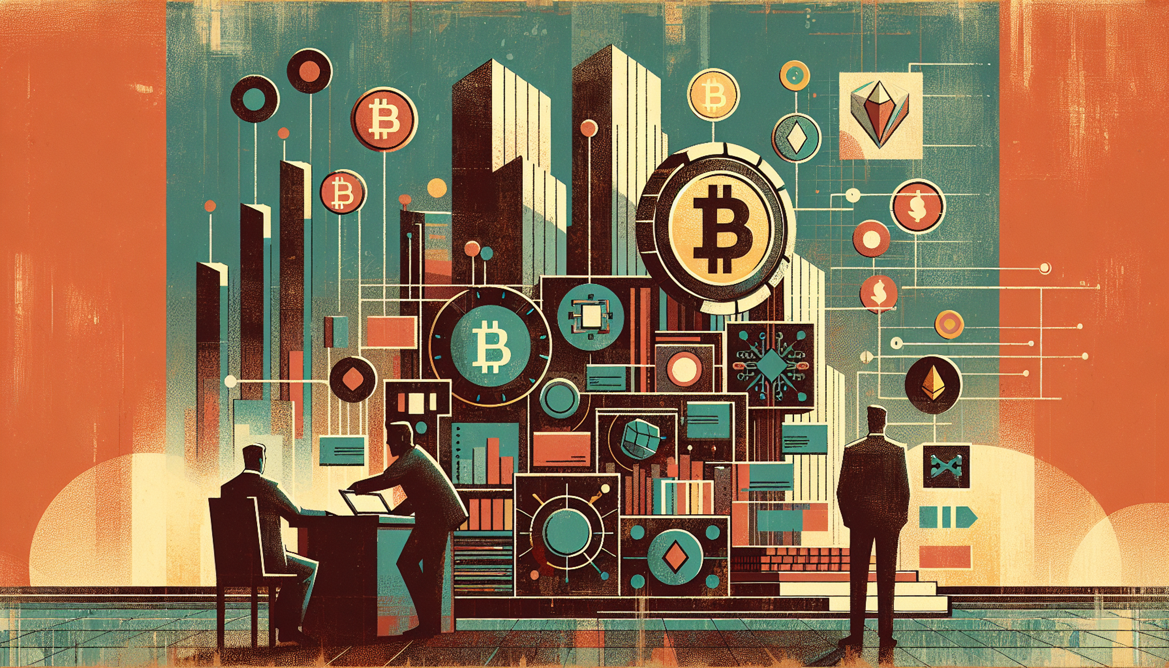 Stylized digital scene with cryptocurrency