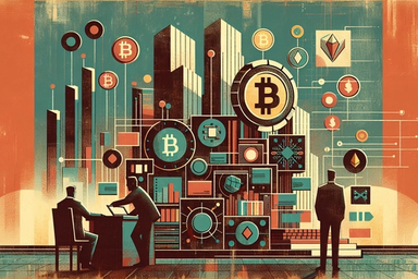 Stylized digital scene with cryptocurrency