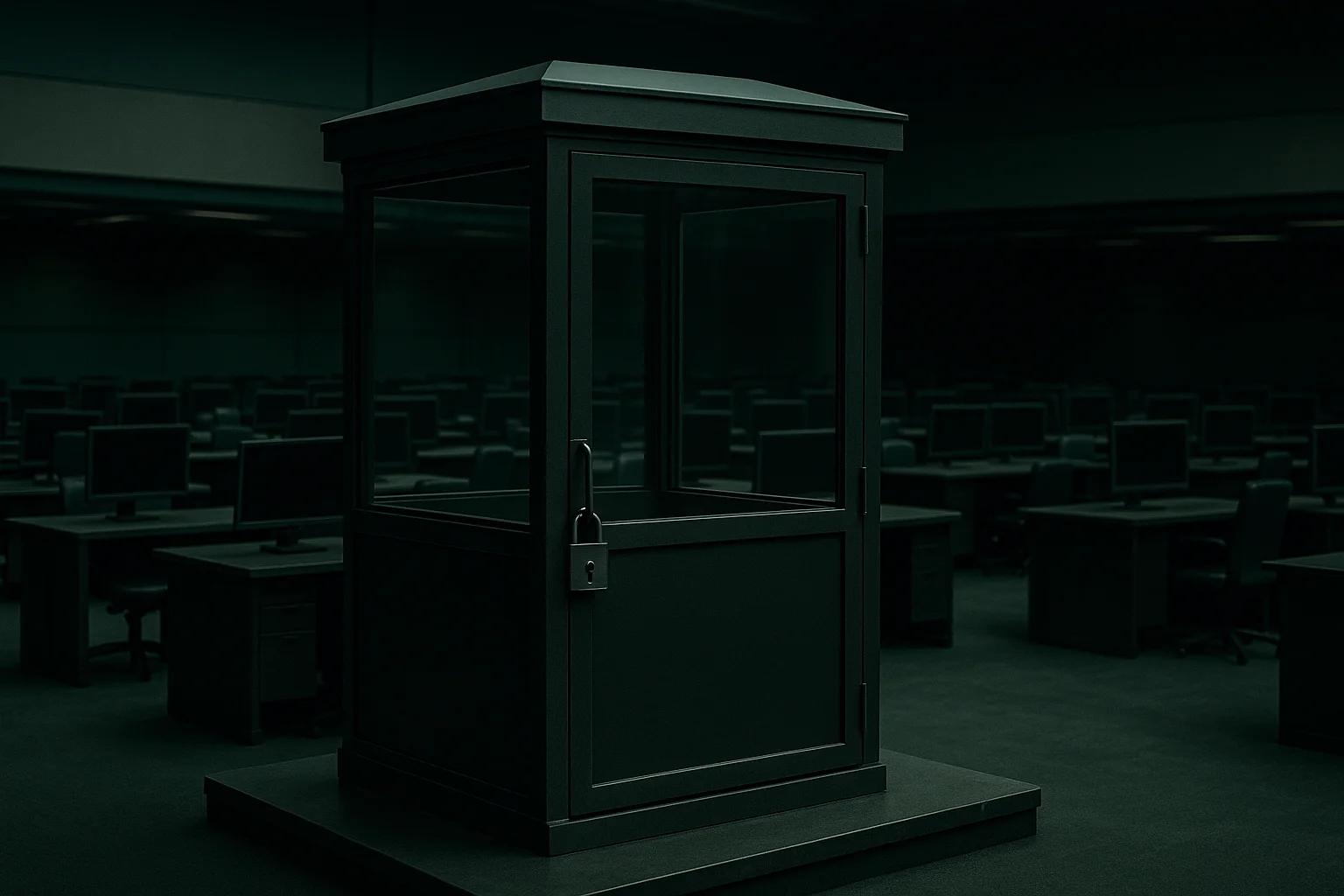 A dark, empty office space with a locked glass