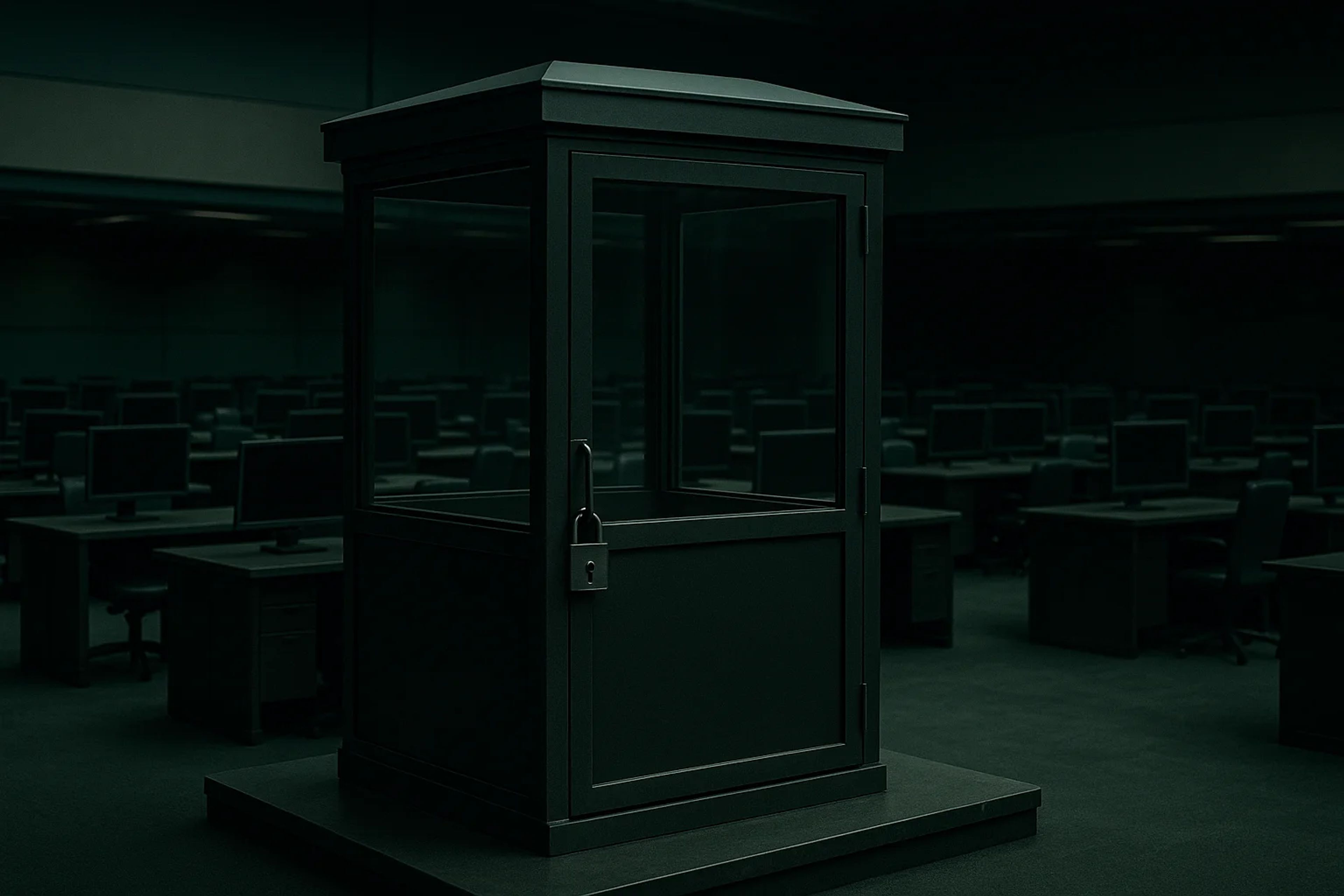 A dark, empty office space with a locked glass