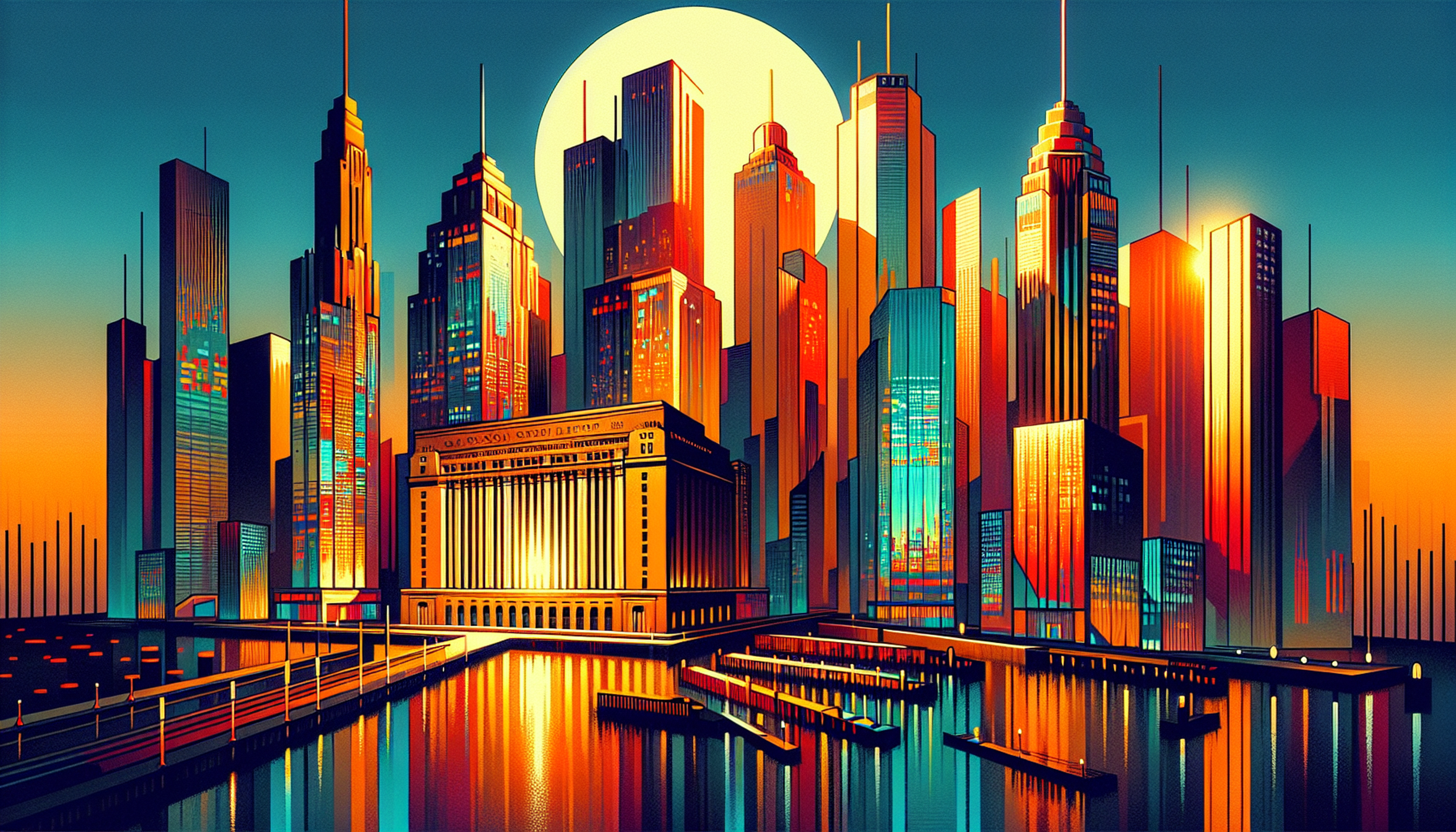 Colorful skyline of tall buildings at sunset