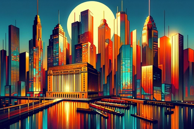 Colorful skyline of tall buildings at sunset