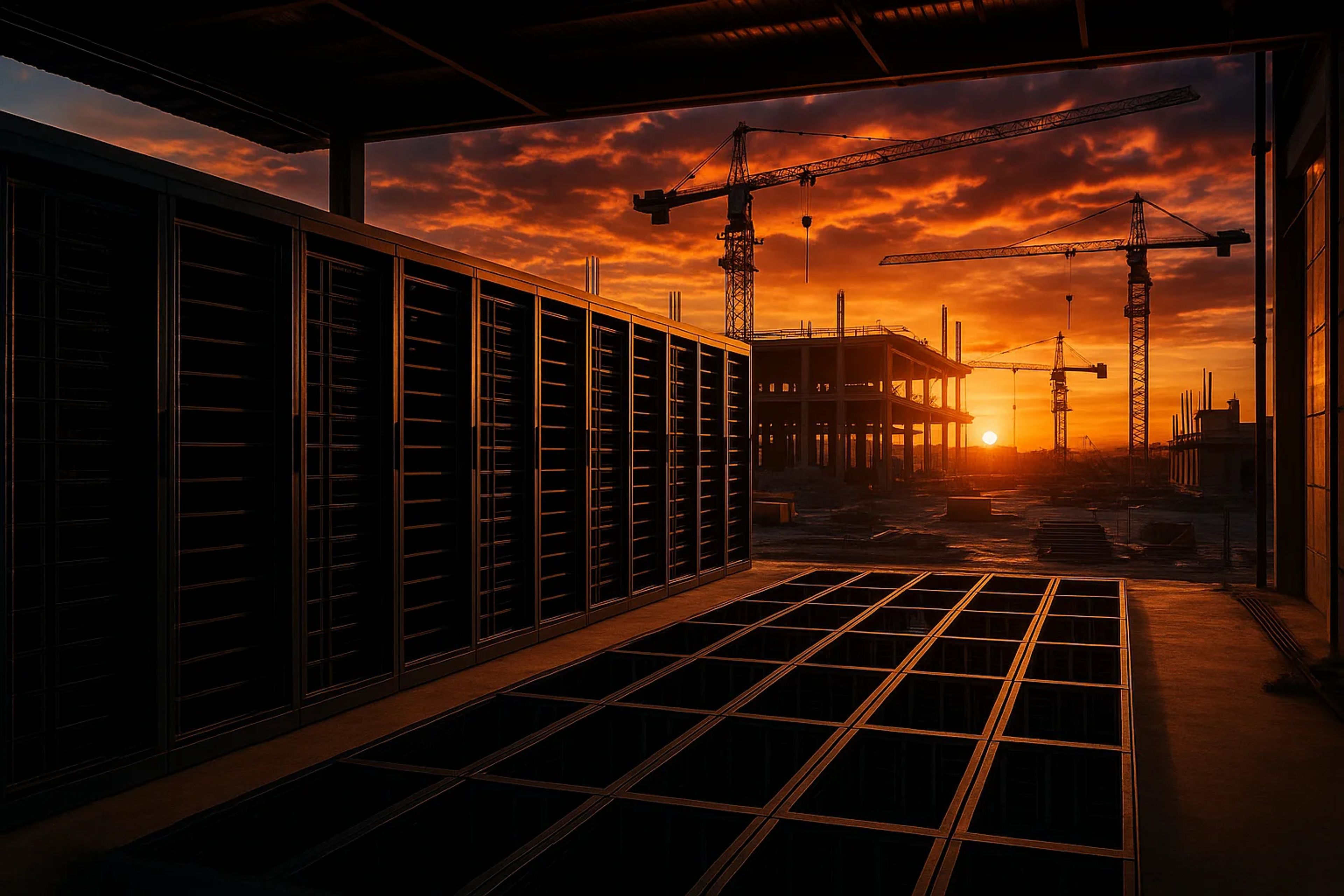 Construction site at sunset with cranes and