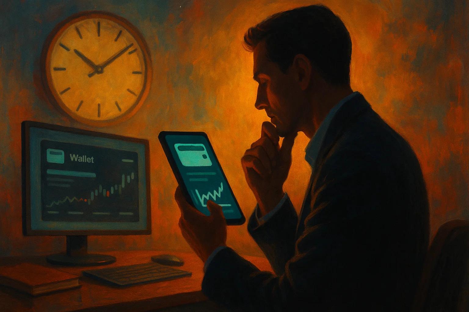 A man in a dark room, looking at a tablet and