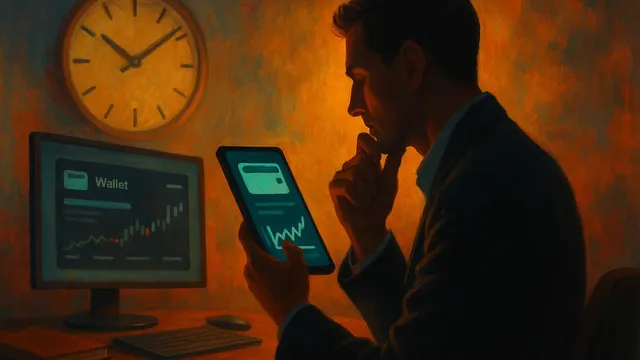 A man in a dark room, looking at a tablet and