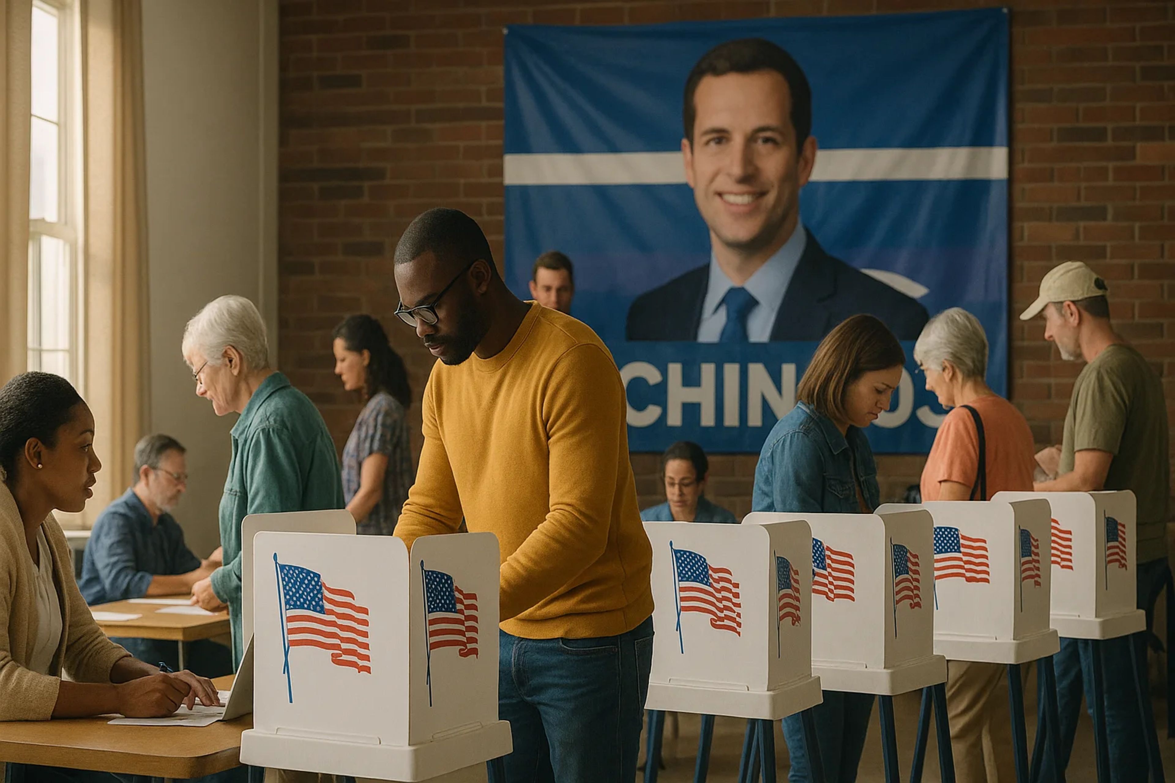 People voting at polling stations with U.S. flags