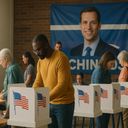 People voting at polling stations with U.S. flags
