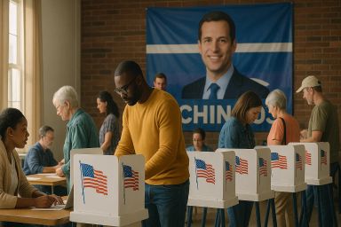 People voting at polling stations with U.S. flags