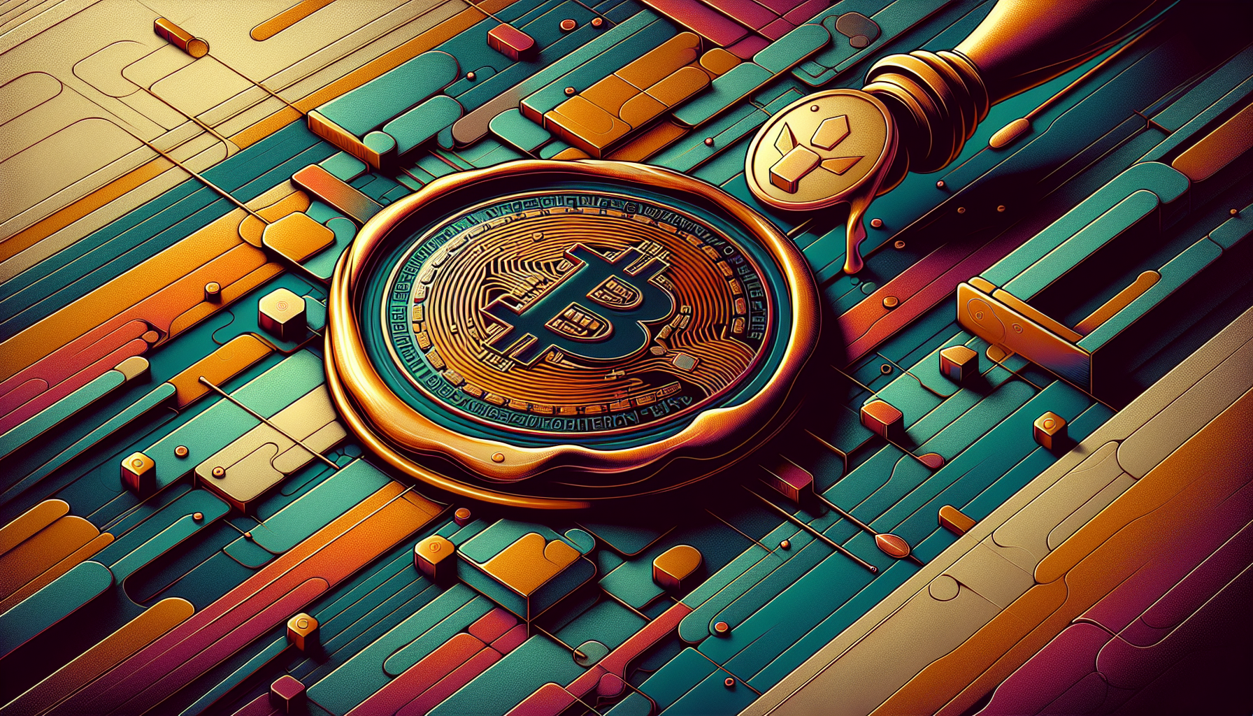 Colorful abstract design featuring a Bitcoin coin