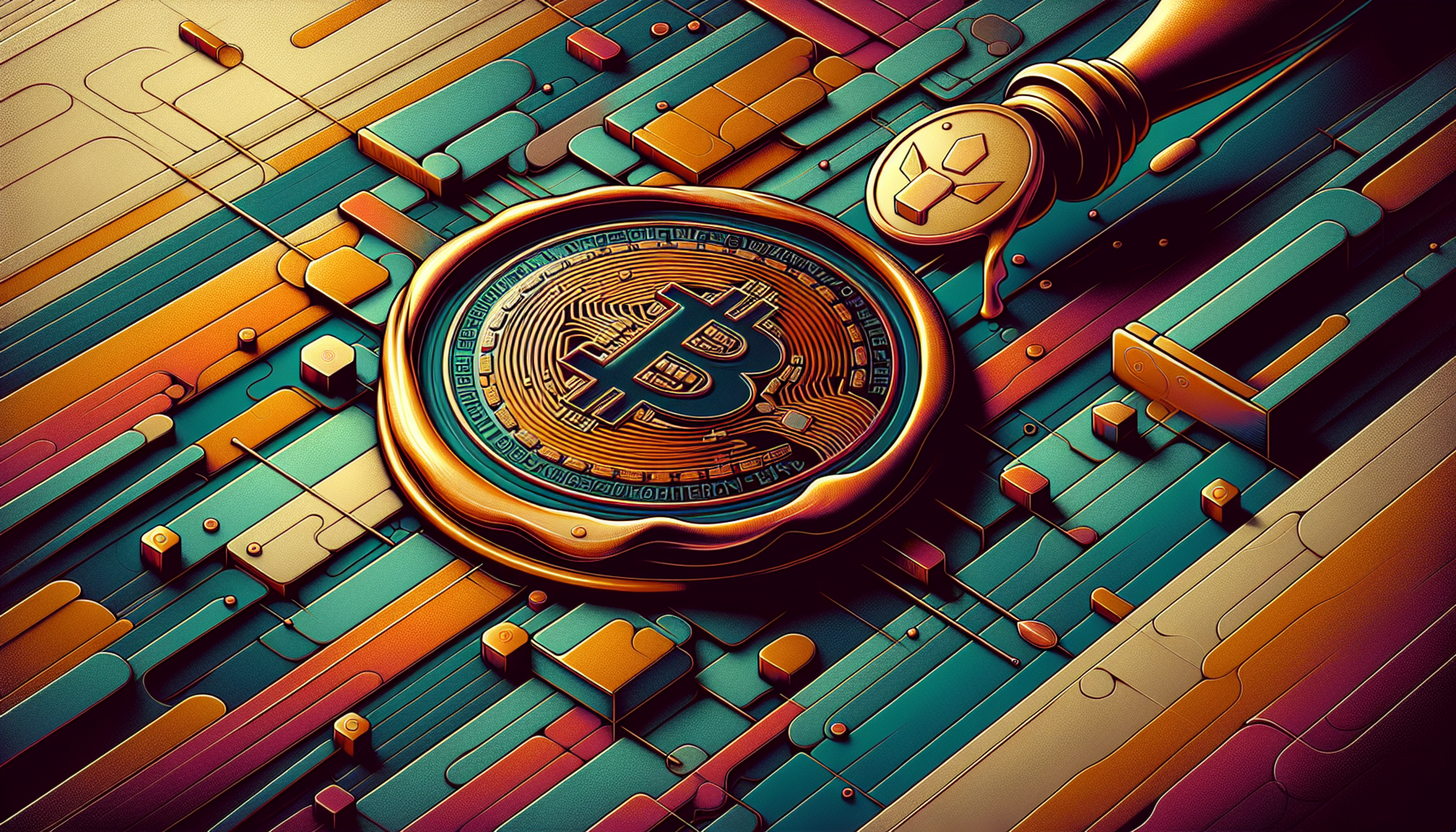 Colorful abstract design featuring a Bitcoin coin