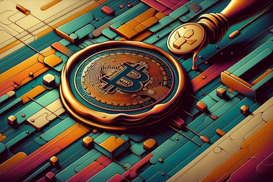 Colorful abstract design featuring a Bitcoin coin