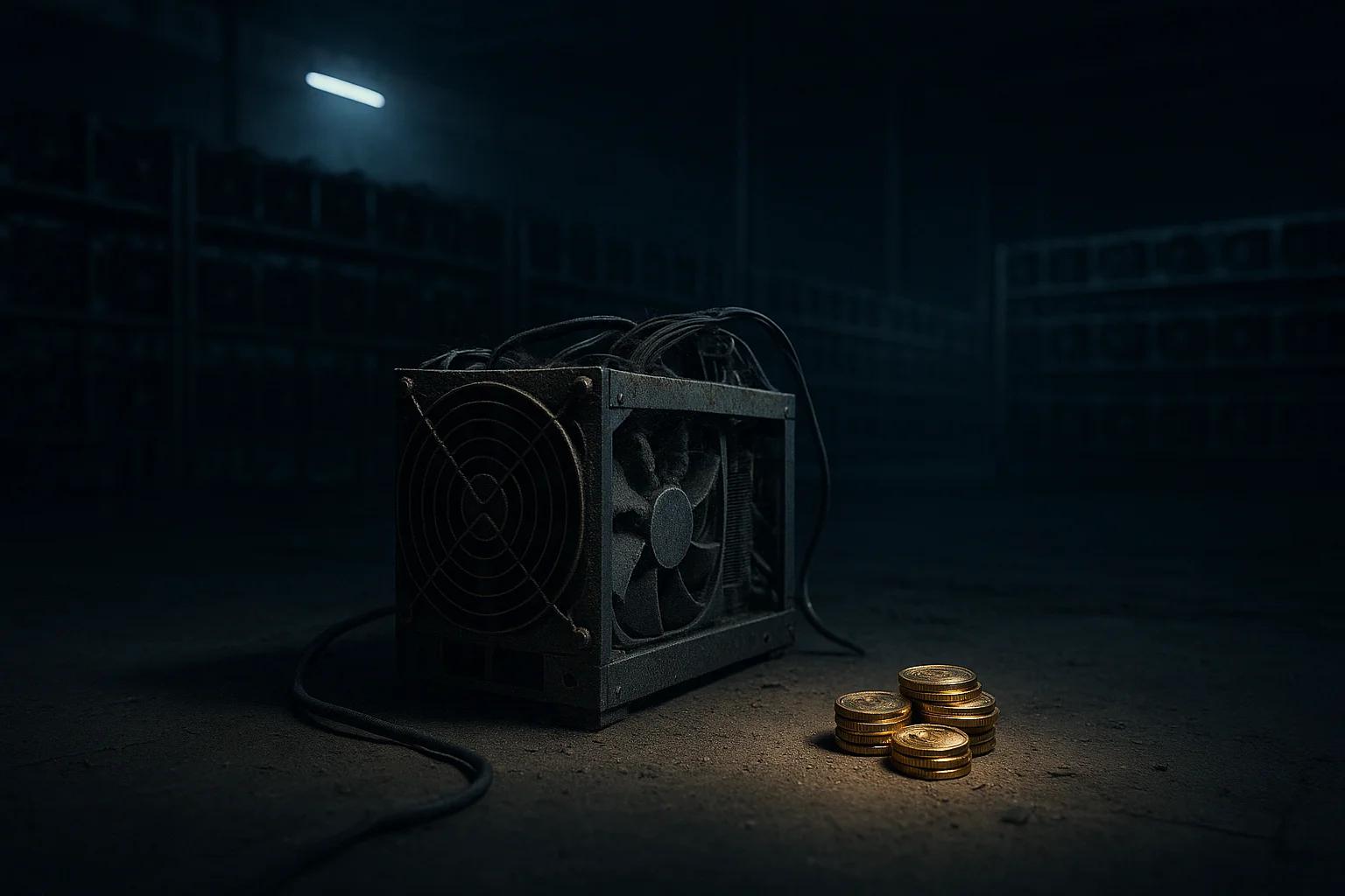 A mining rig with a fan next to gold coins in a