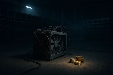 A mining rig with a fan next to gold coins in a