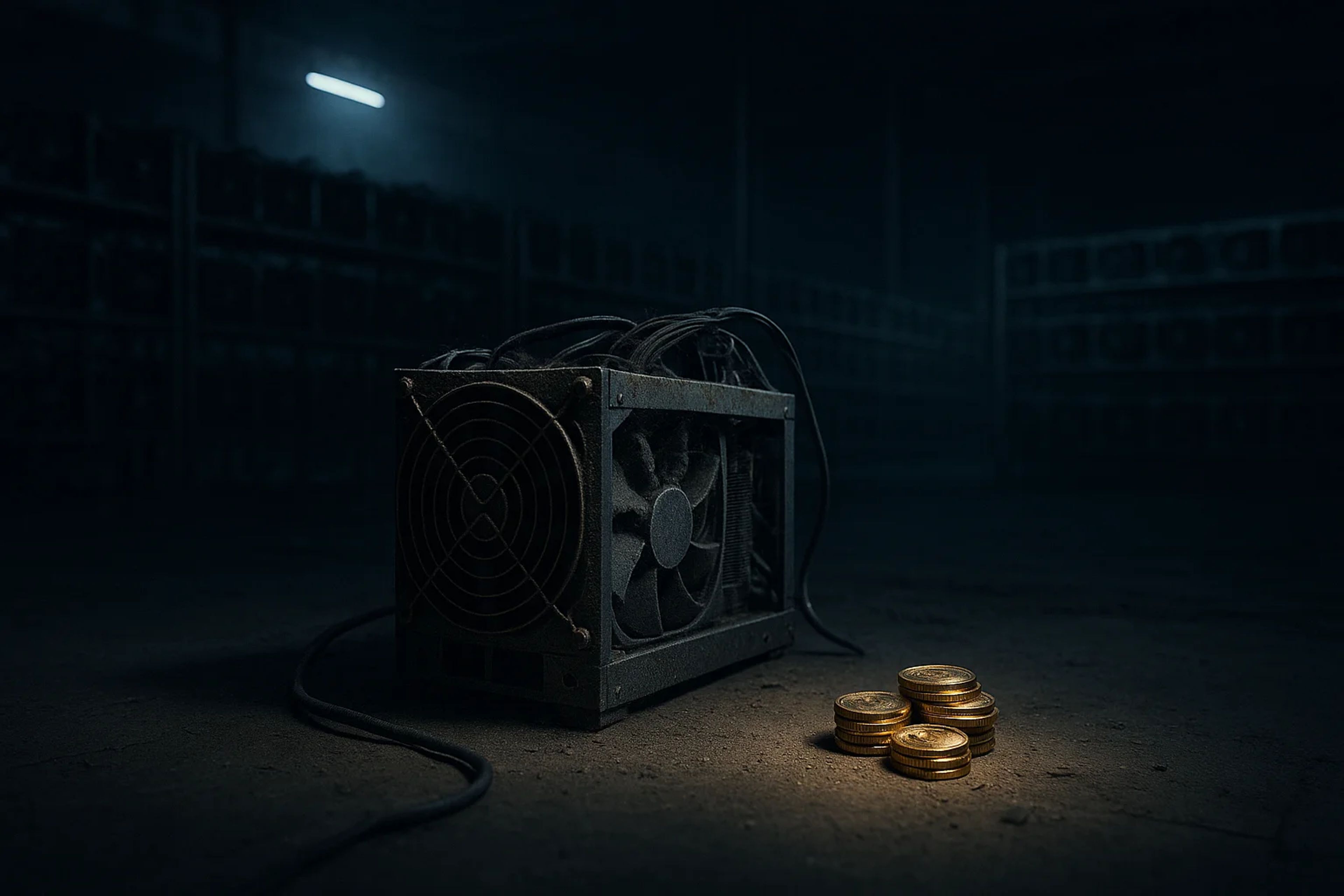 A mining rig with a fan next to gold coins in a
