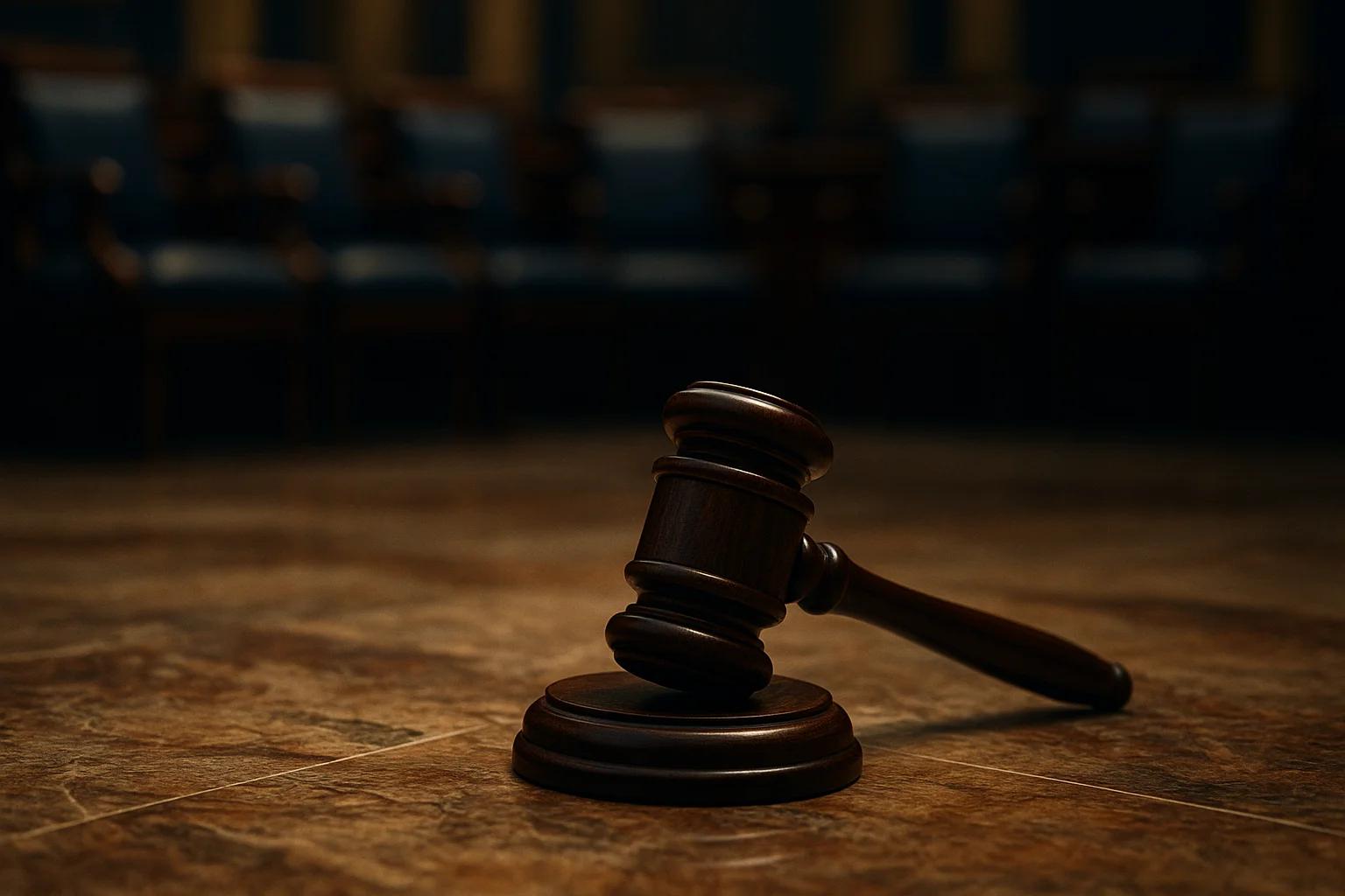 A wooden gavel resting on a polished surface