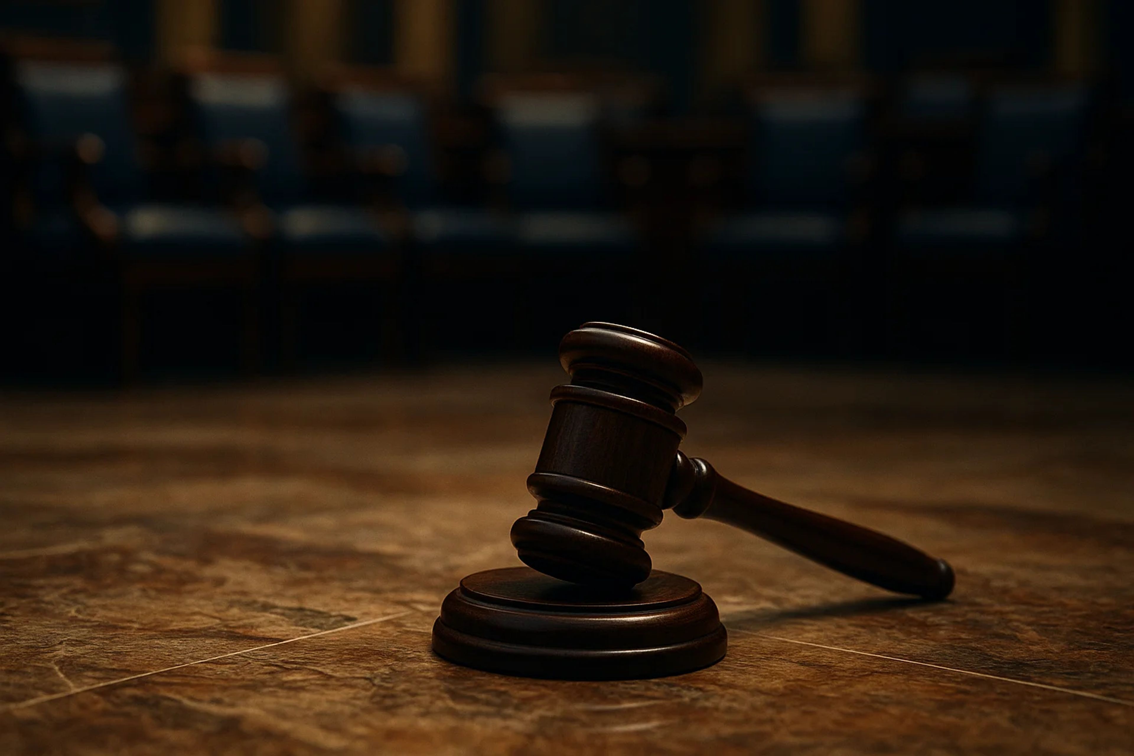 A wooden gavel resting on a polished surface