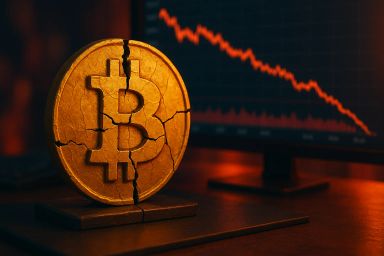 Cracked Bitcoin coin in front of a declining graph