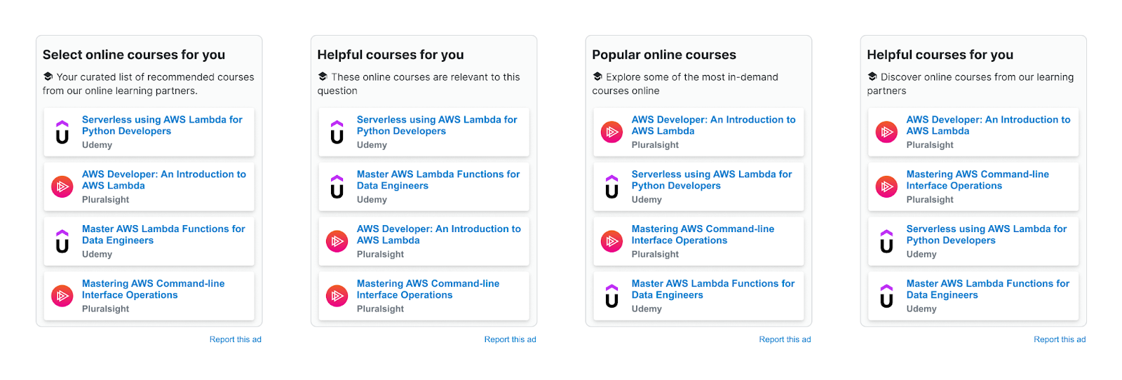 Screenshots of various ways that the online course recommendations will display in the sidebar.