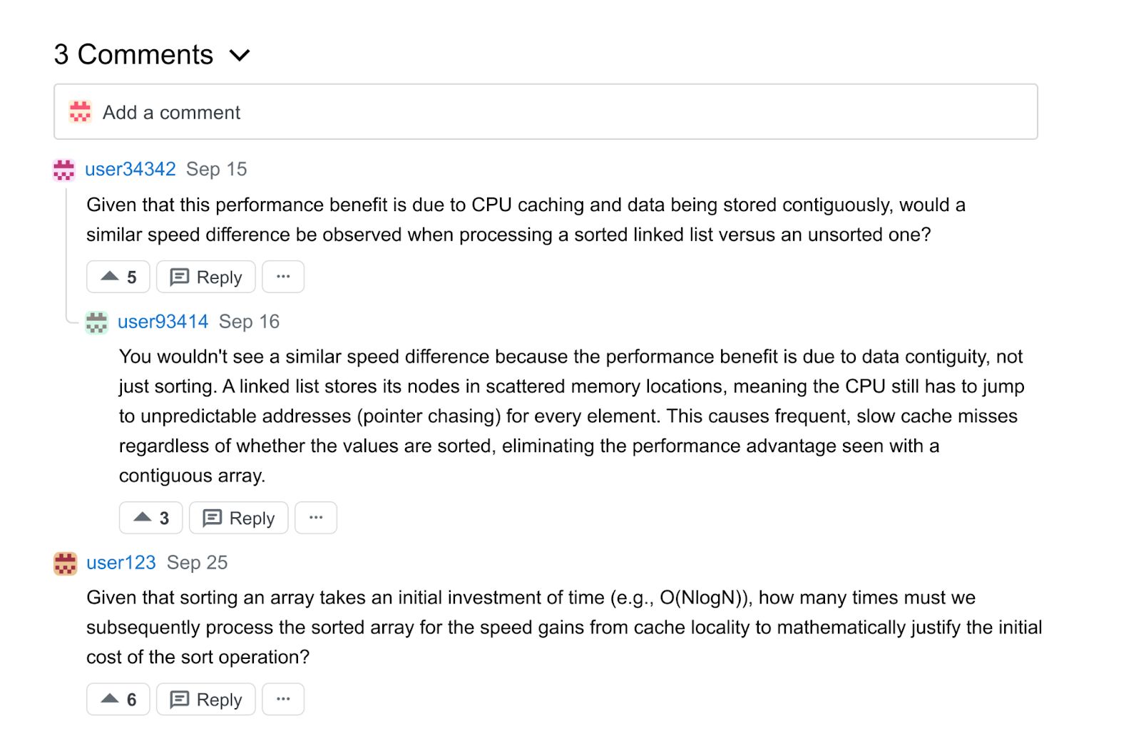 A screenshot of a comment thread discussing performance benefits related to CPU caching. The thread includes questions and answers about whether data contiguity affects performance in sorted arrays versus unsorted linked lists. 