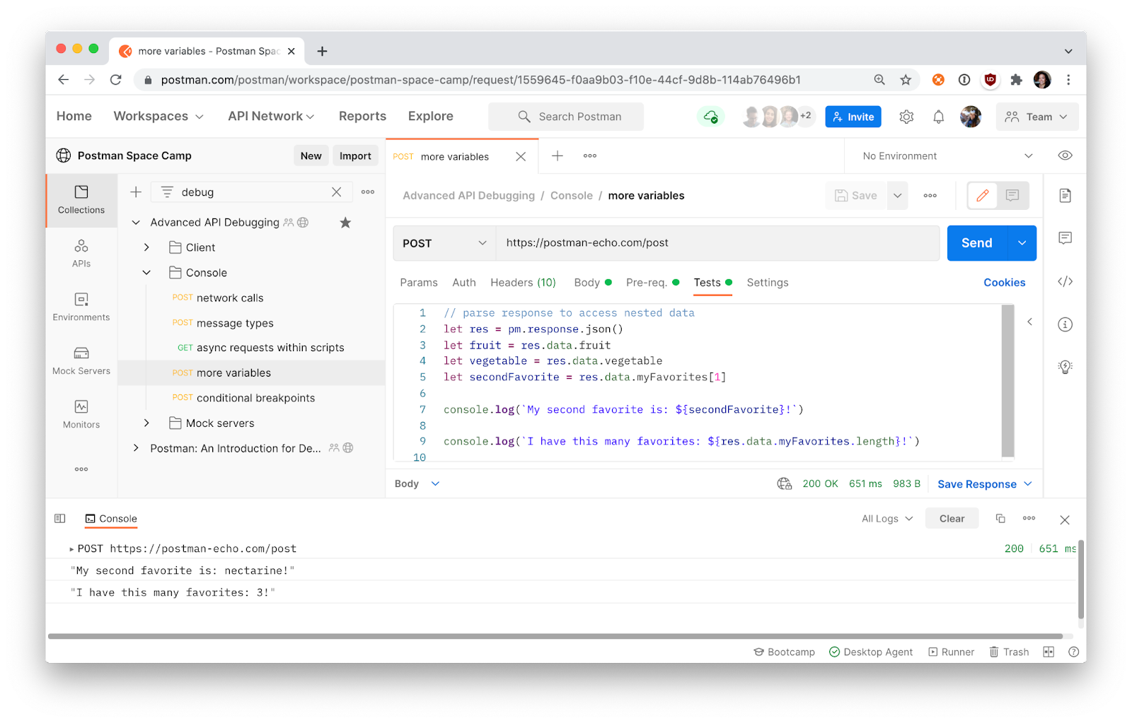 The Postman interface showing the console log results from a test.