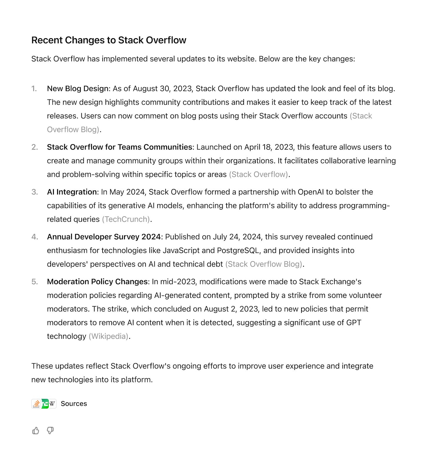 The image displays an example of Stack Overflow content attributed in SearchGPT by OpenAI when the user searches "recent changes on Stack Overflow