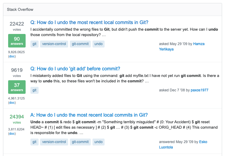 Search results in Stack Overflow for Teams show two matching questions and one matching answer, all displayed as separate hits.