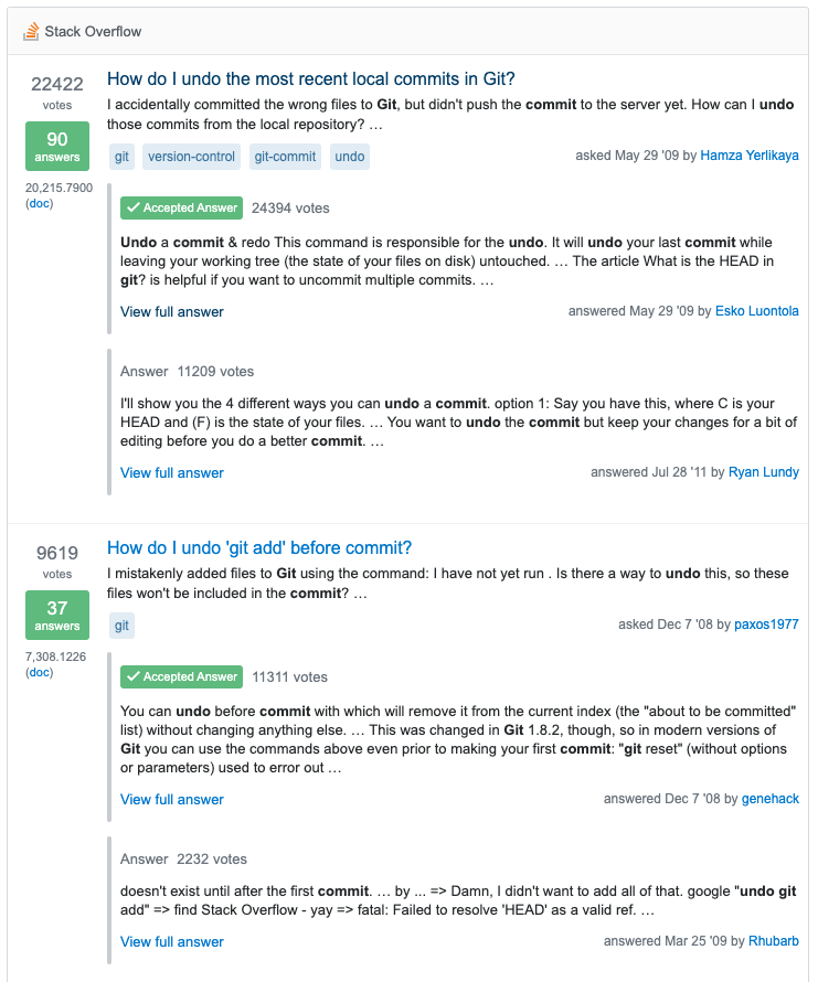 Two questions about git as seen in Stack Overflow for Teams. Matching answers are shown indented under the matching question.
