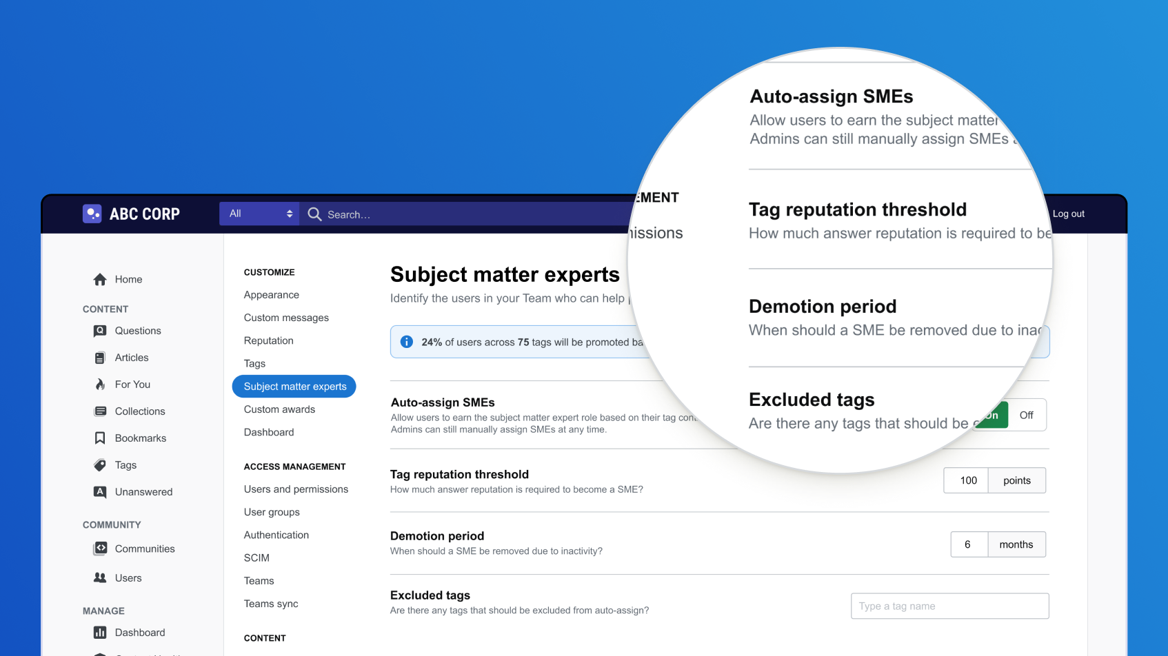 The settings for demoting a subject matter expert.