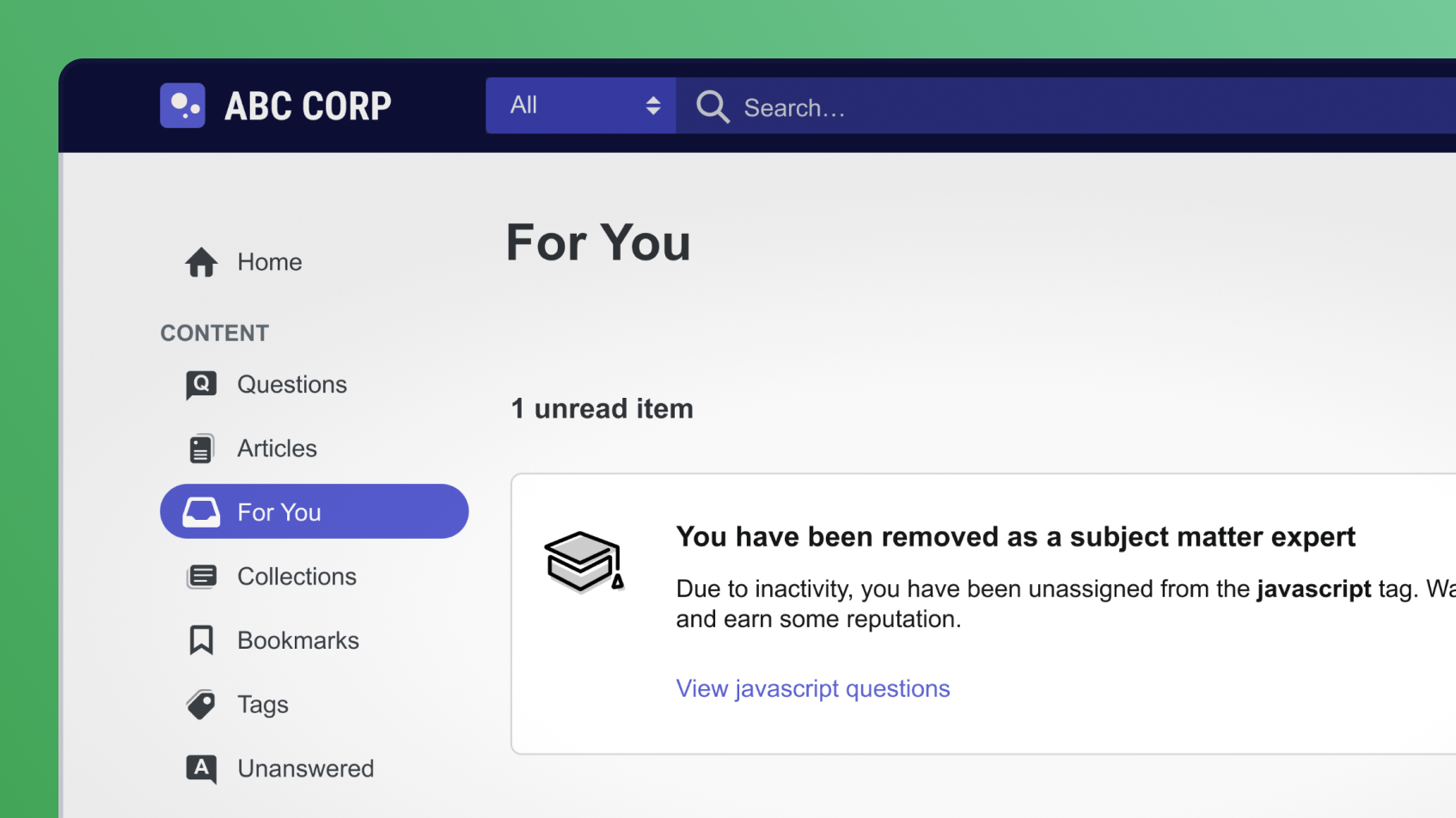 The notification screen for someone being demoted from a subject matter expert.