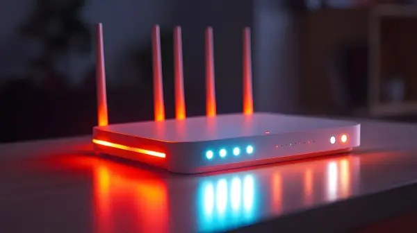 Router WiFi blanco con las luces LED encendidas en azul y rojo sobre una mesa