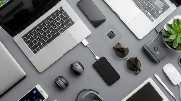 Portátiles, móviles, tablet y auriculares sobre una mesa gris, con un cable USB-C conectando portátil y móvil
