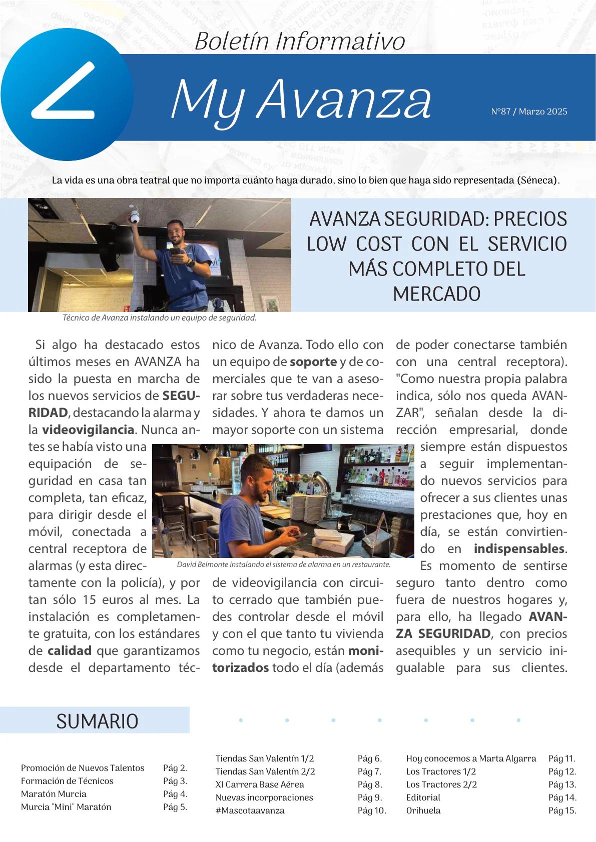 Portada del boletín My Avanza nº87 de marzo de 2025, dedicada al lanzamiento de Avanza Seguridad. Aparece un técnico de Avanza instalando una cámara de videovigilancia y un sistema de alarma en un restaurante.