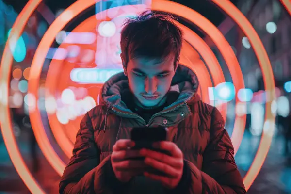 Persona con un smartphone en la mano mientras aparece un anuncio en pantalla durante una conversación