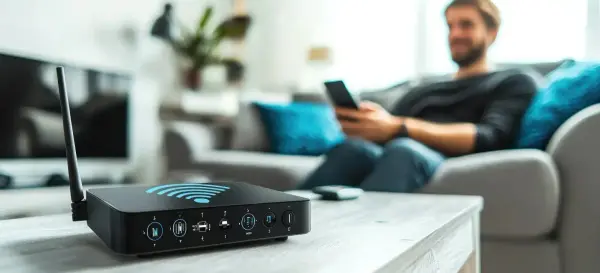 Router WiFi negro sobre una mesa y un hombre usando el móvil conectado en el sofá