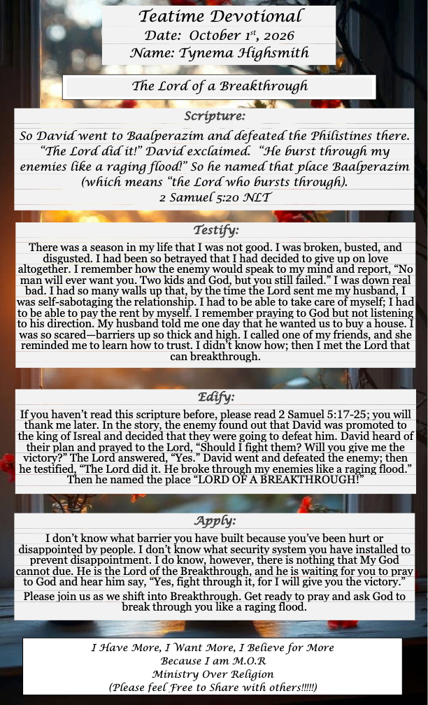 TeaTime Devotional October 1st, 2026
