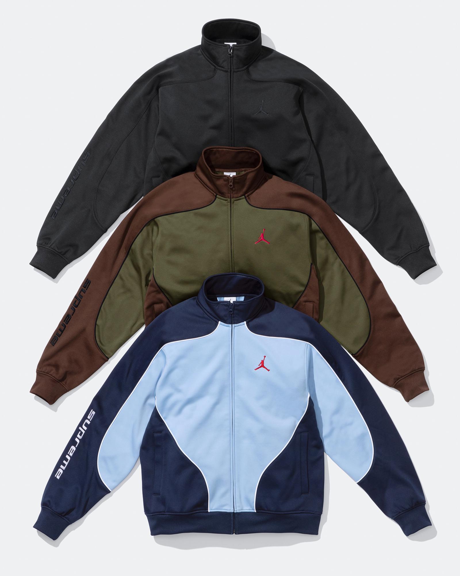 Supreme x Air Jordan Track Jacket Black HF0830-010 Olive Canvas HF0830-395 Psychic Blue HF0830-436